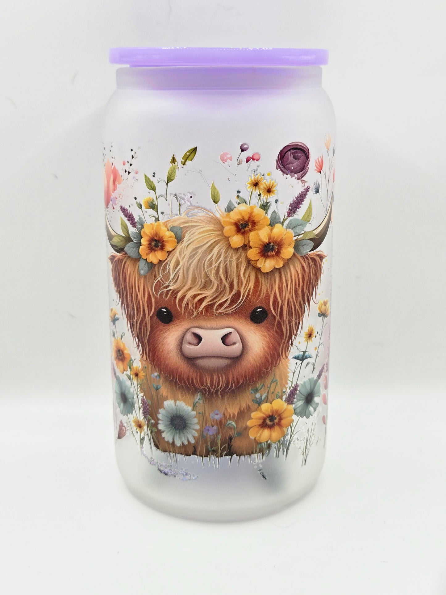 16 oz Frosted Glass with highland cow