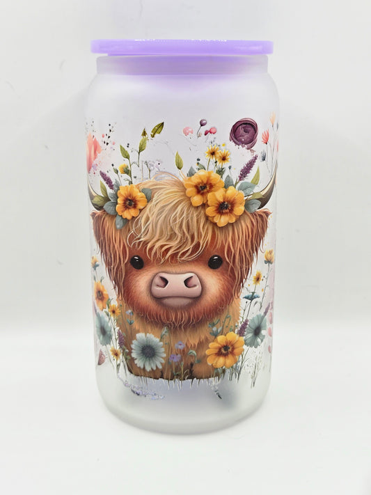 16 oz Frosted Glass with highland cow