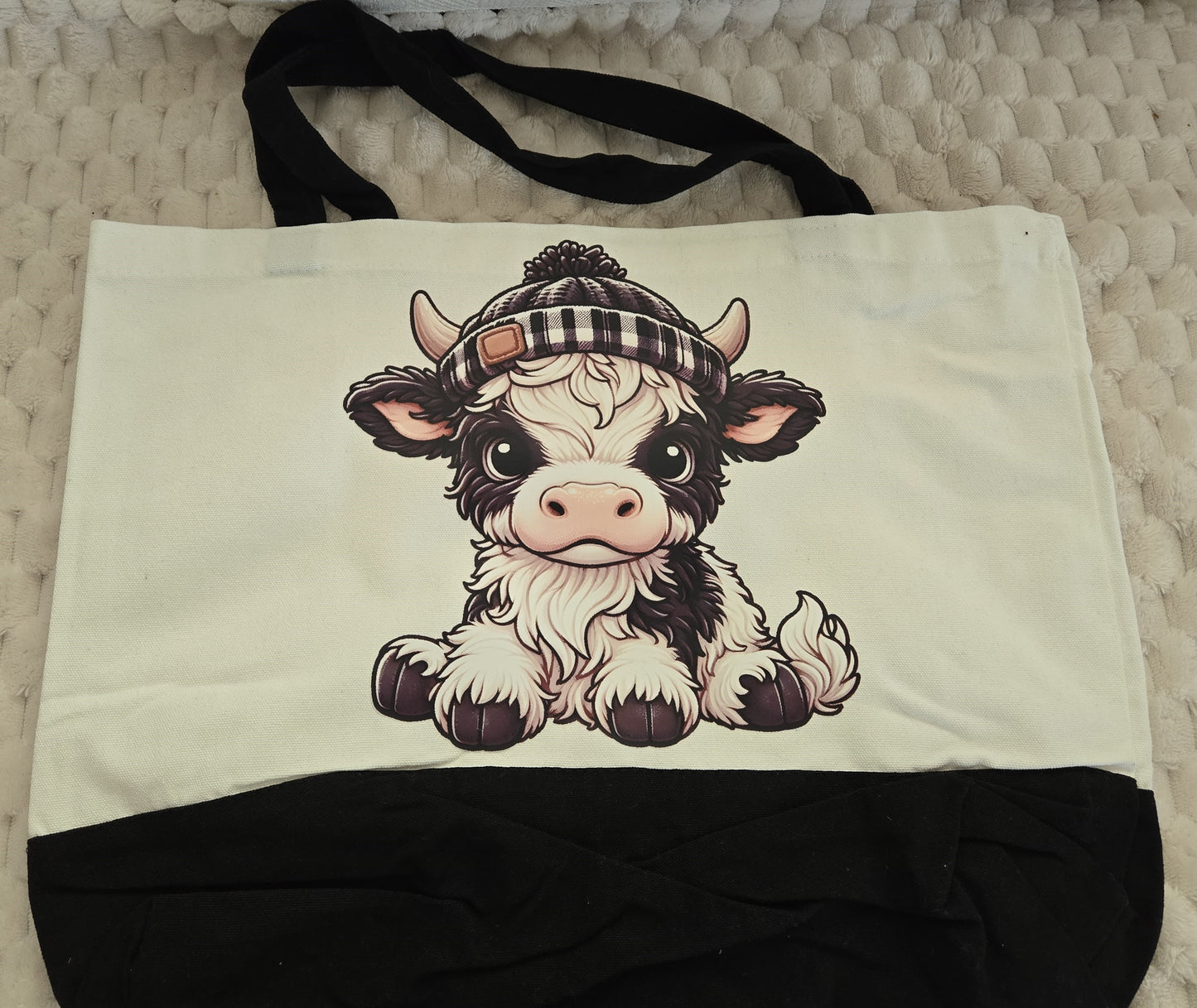 Canvas Tote- Black and White Beenie wearing highland cow