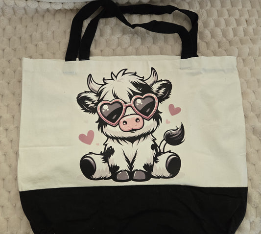 Canvas Tote- Black and white highland cow with heart shades