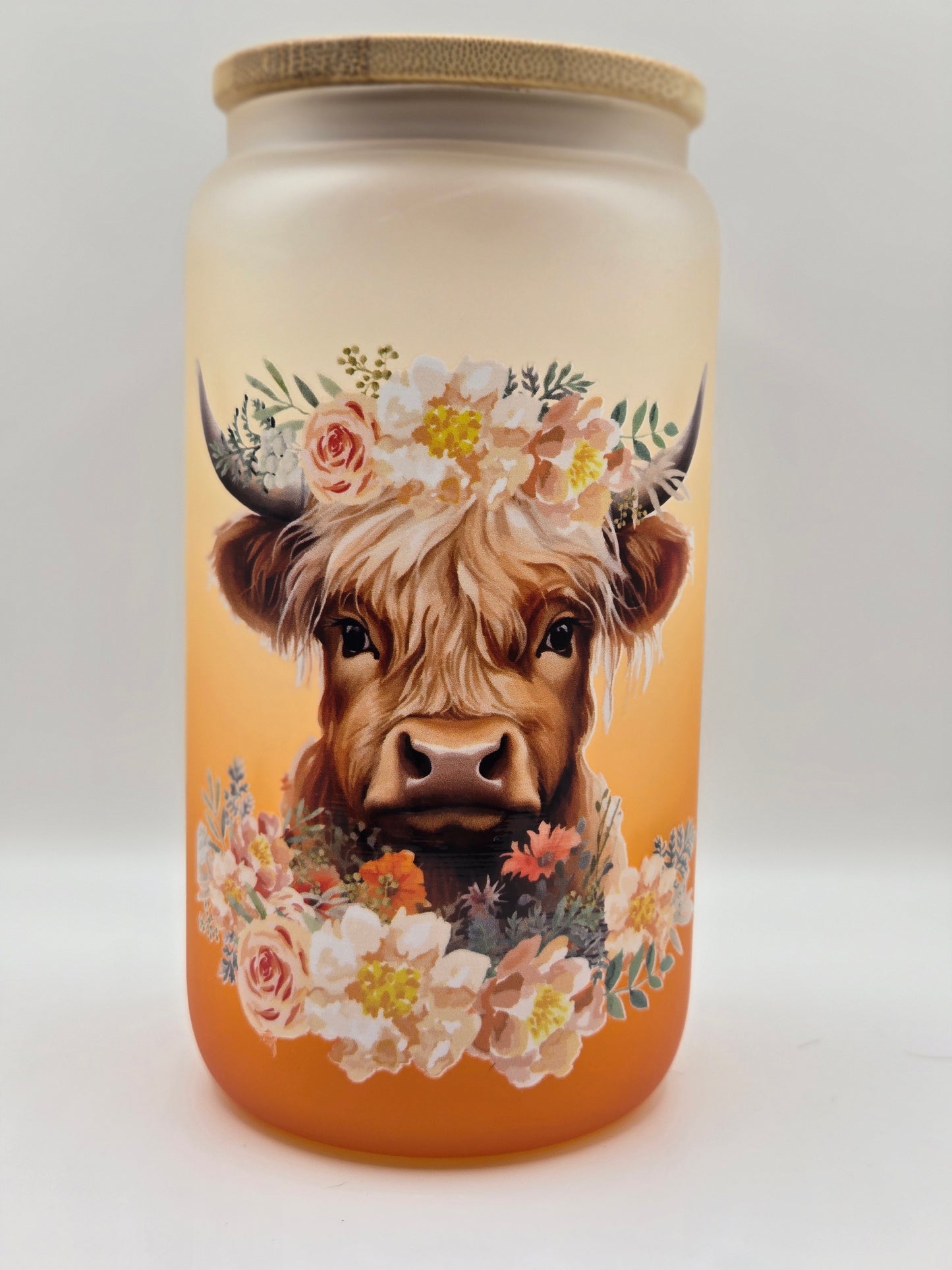 16oz Glass Dark Yellow Ombre- Highland Cow and flowers