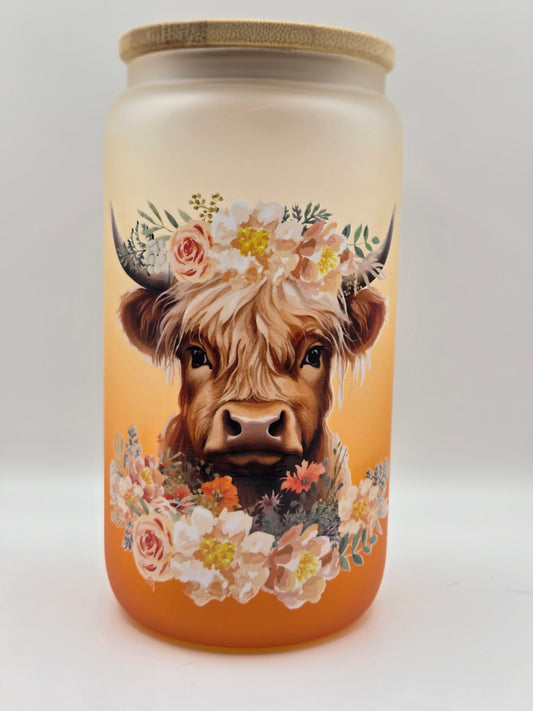 16oz Glass Dark Yellow Ombre- Highland Cow and flowers