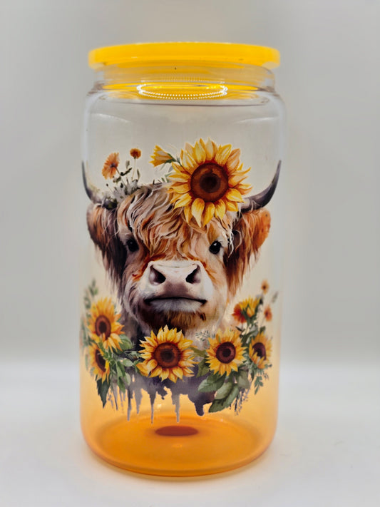 16oz Glass Clear Yellow Ombre- Highland cow and Sunflowers