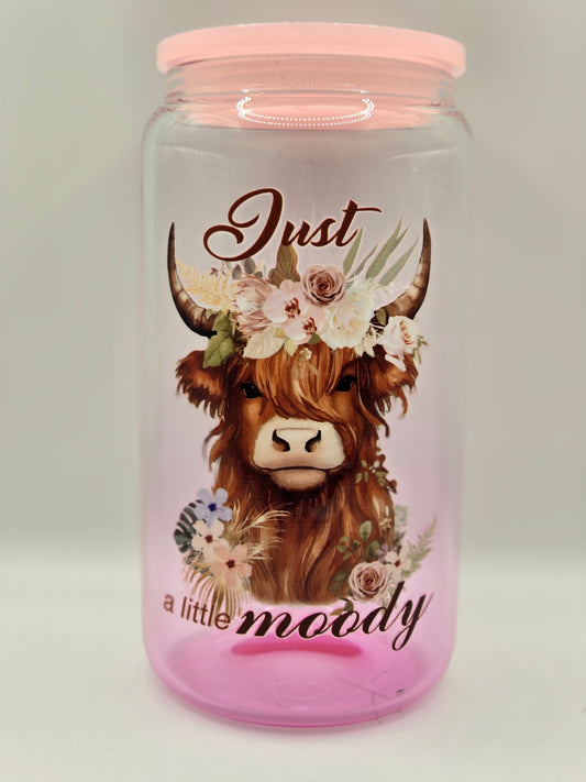 16oz Glass Clear Pink Ombre- Just a little moody highland cow