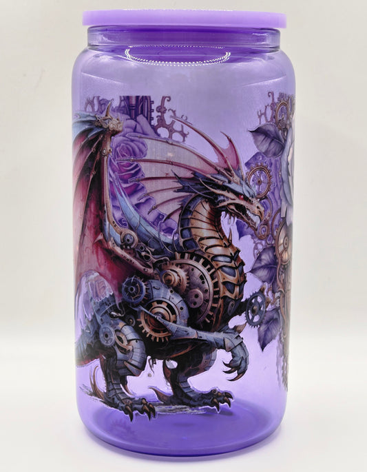 16oz Glass Clear Purple- Steam Punk Dragon