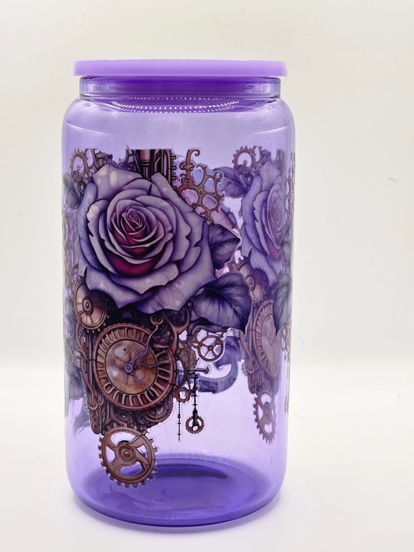 16oz Glass Clear Purple- Steam Punk Dragon