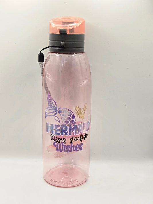 Kids Plastic Water Bottle- Pink Mermaid kisses and Starfish whishes