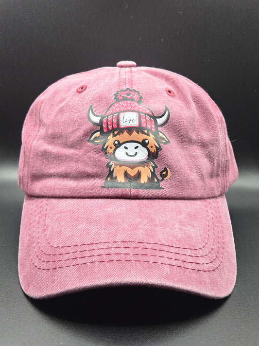 Pink Hat with Pink Beanie Highland Cow